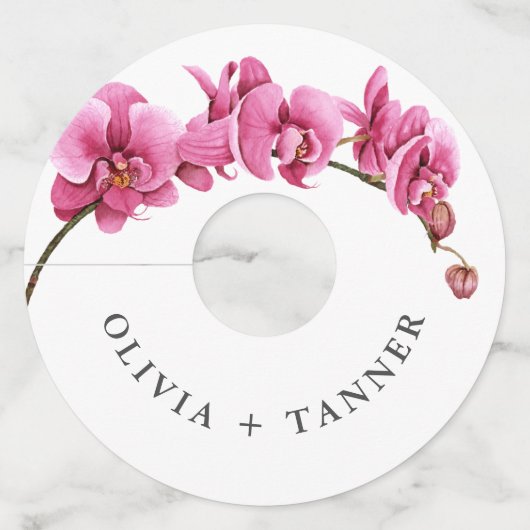 Heet Roze Orchideeën Tropische Bloemen Bruiloft Wijnglaslabel (Voorkant)