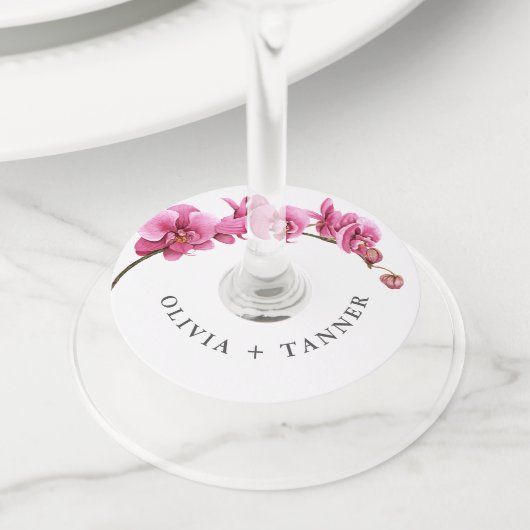 Heet Roze Orchideeën Tropische Bloemen Bruiloft Wijnglaslabel (Dichtbij)