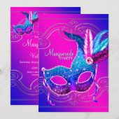 Heet roze paarse masqueradefeest kaart (Voorkant / Achterkant)