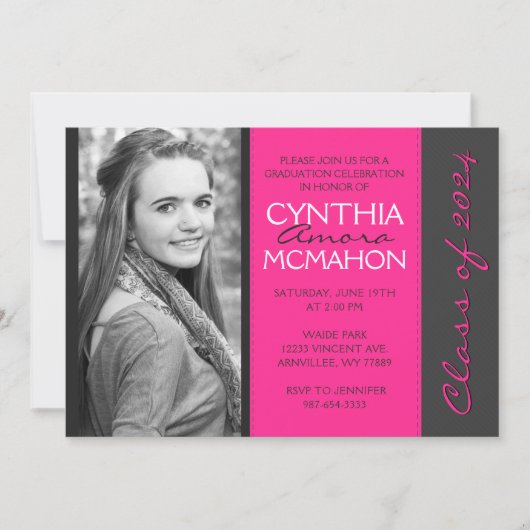 Heet Roze & Pinstripe Grijs Foto Afstuderen Kaart (Voorkant)