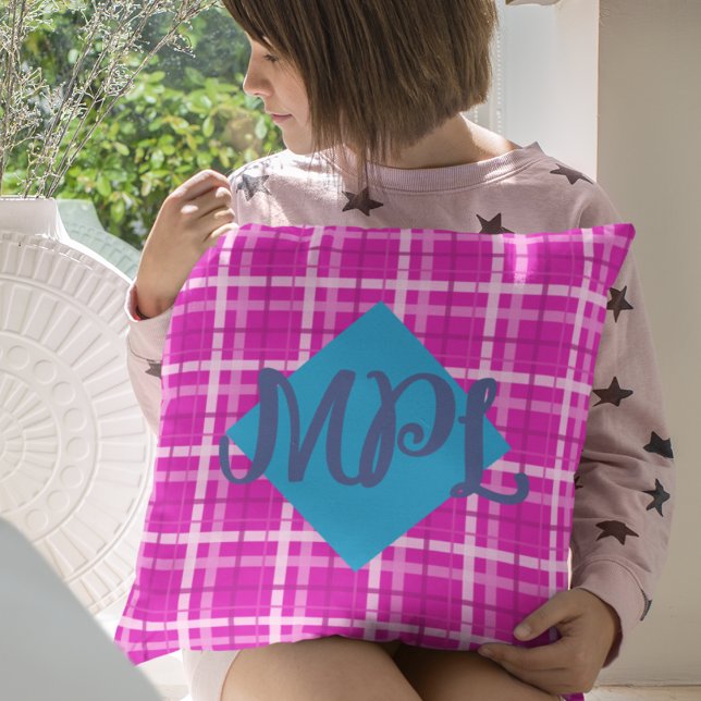 Heet Roze Plaid Douane Monogram Sierkussen (Hot Pink Monogram Throw Pillow)