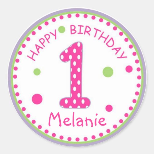 Heet Roze Polka Dot Gelukkige Verjaardag Nummer 1 Ronde Sticker (Voorkant)