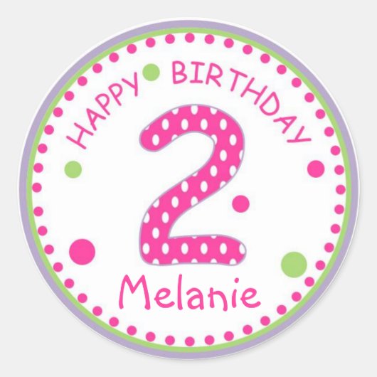 Heet Roze Polka Dot Gelukkige Verjaardag Nummer 2 Ronde Sticker (Voorkant)