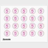 Heet Roze Polka Dot Gelukkige Verjaardag Nummer 5 Ronde Sticker (Vel)