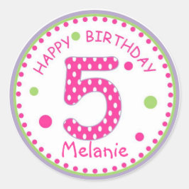 Heet Roze Polka Dot Gelukkige Verjaardag Nummer 5 Ronde Sticker