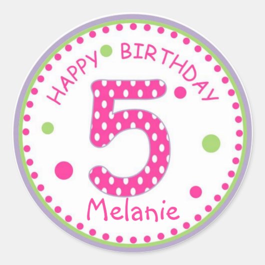 Heet Roze Polka Dot Gelukkige Verjaardag Nummer 5 Ronde Sticker (Voorkant)