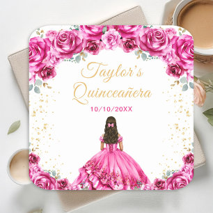 Heet Roze Prinses Bloemachtige Quinceañera Kartonnen Onderzetters