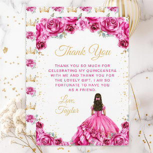 Heet Roze Prinses Bloemige Quinceañera Bedankkaart