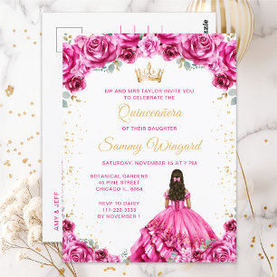 Heet Roze Prinses Bloemige Quinceañera Briefkaart
