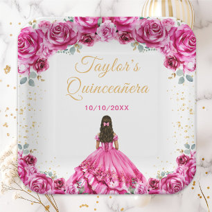 Heet Roze Prinses Bloemige Quinceañera Papieren Bordje