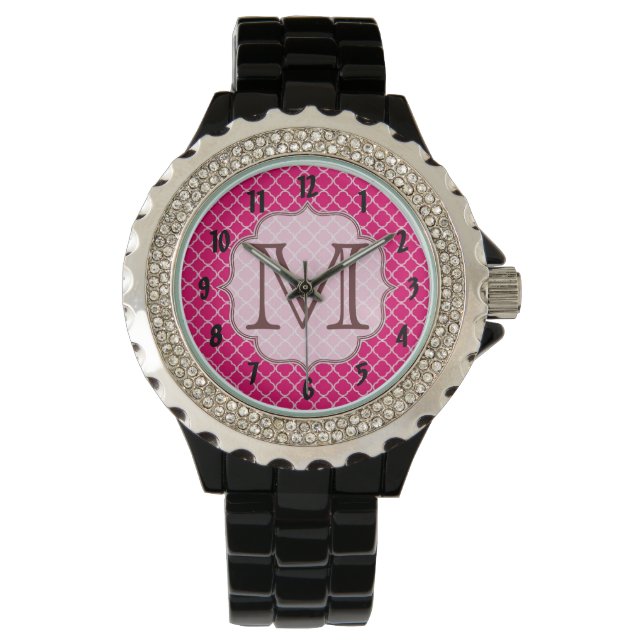 Heet Roze Quarterfoil Latti Monogram Polshorloge Horloge (Voorkant)