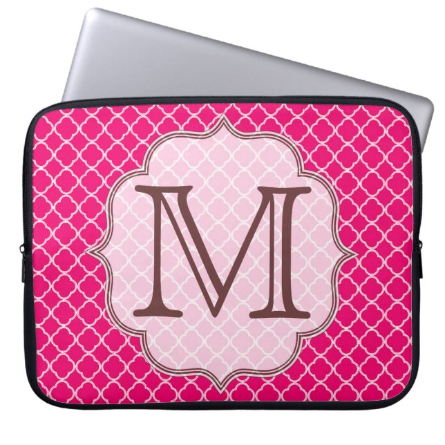 Heet Roze Quarterfoil Monogram 15"Laptop Hoesje Laptop Sleeve (Voorkant)