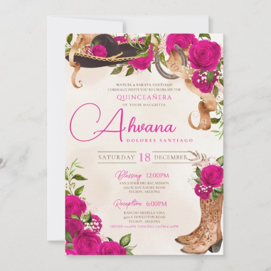 Heet Roze Quinceañera Charro Western Roos Bloemen Kaart (Voorkant)