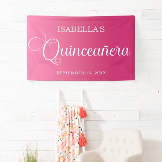 Heet Roze Quinceañera Verjaardag Elegant Script Spandoek (Insitu)