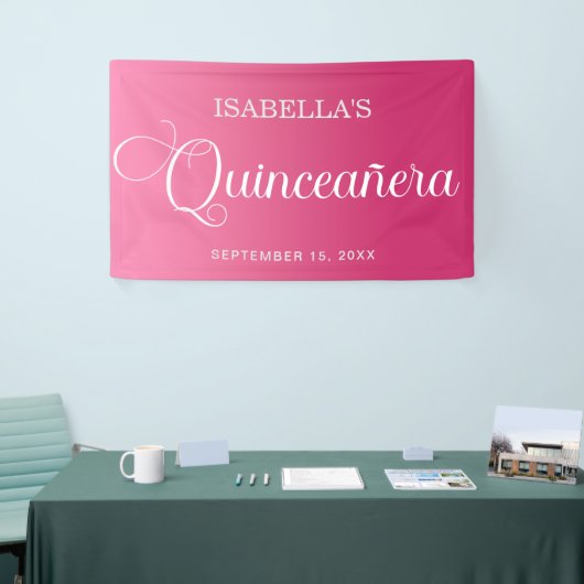 Heet Roze Quinceañera Verjaardag Elegant Script Spandoek (Beurs)
