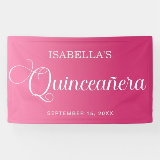 Heet Roze Quinceañera Verjaardag Elegant Script Spandoek (Horizontaal)
