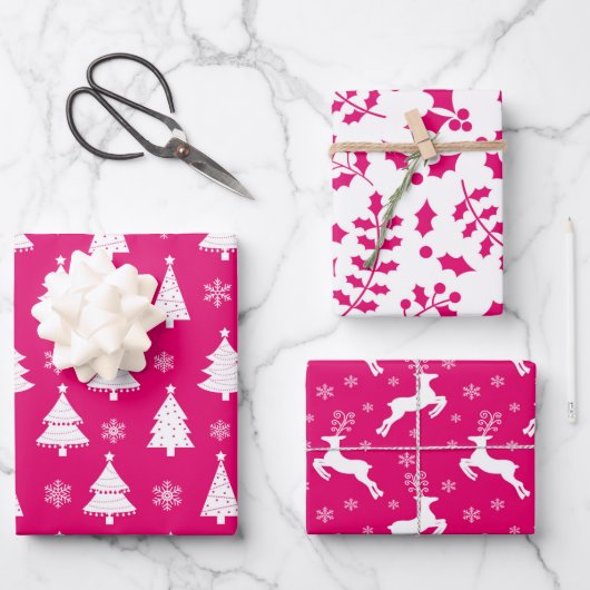 Heet Roze Rendieren, Kerstbomen en Hulst Inpakpapier Vel (Voorkant)