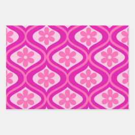 Heet roze retro bloemen op mid century ogee patroo inpakpapier vel