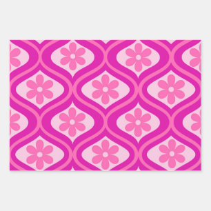 Heet roze retro bloemen op mid century ogee patroo inpakpapier vel
