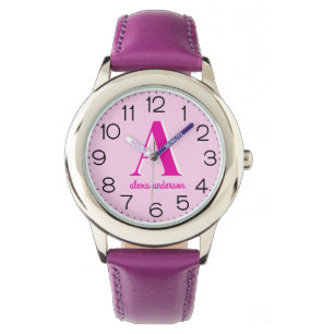 Heet Roze Retro Dolly Monogram Horloge