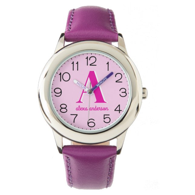 Heet Roze Retro Dolly Monogram Horloge (Voorkant)