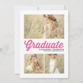 Heet Roze Retro Script Drie Foto Afstuderen Kaart (Voorkant)