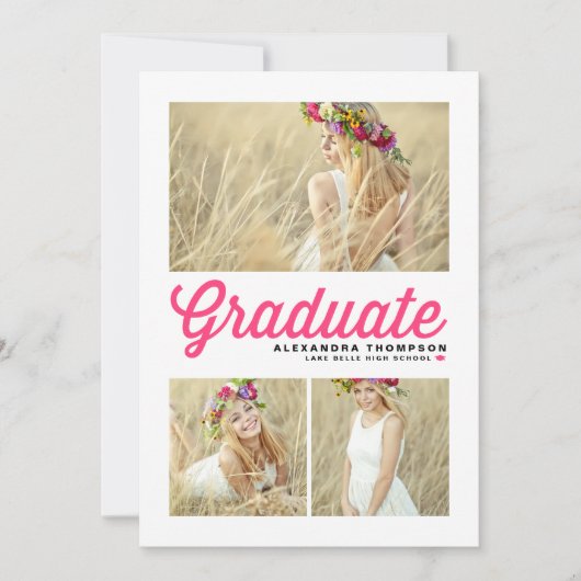 Heet Roze Retro Script Drie Foto Afstuderen Kaart (Voorkant)