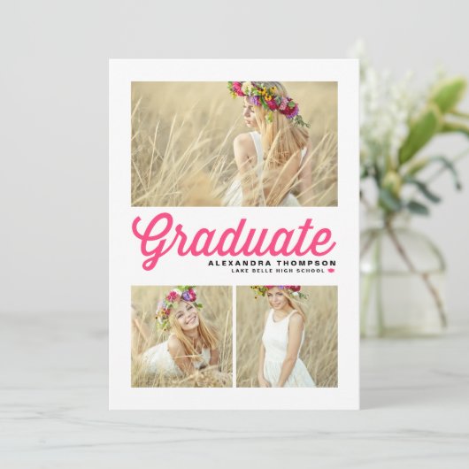 Heet Roze Retro Script Drie Foto Afstuderen Kaart (Staand voorkant)