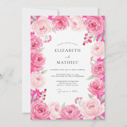Heet Roze Romantische Bloesem Bruiloft Kaart (Voorkant)