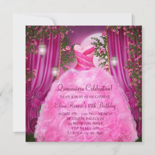 Heet Roze Roos Quinceanera Kaart (Voorkant)