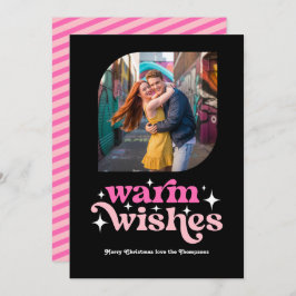 Heet roze & roze moderne retro kerstfoto feestdagenkaart