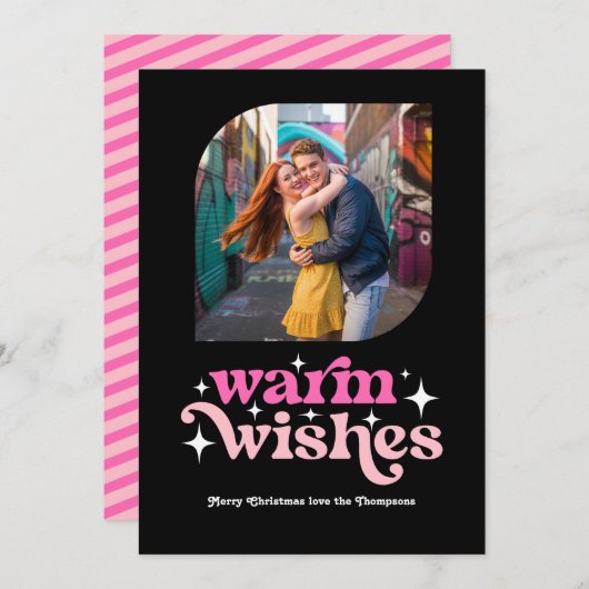 Heet roze & roze moderne retro kerstfoto feestdagenkaart (Voorkant / Achterkant)