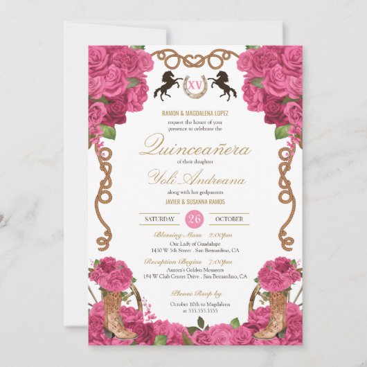 Heet Roze Rozen Western Charro Quinceanera Kaart (Voorkant)