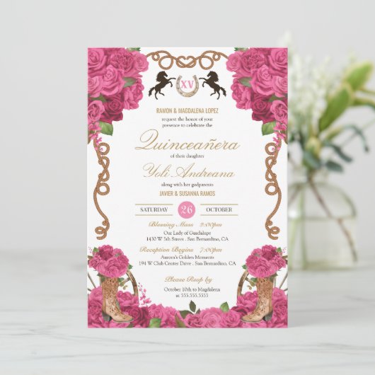 Heet Roze Rozen Western Charro Quinceanera Kaart (Staand voorkant)