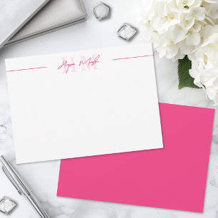 Heet Roze Script Naam Monogram Notitiekaartje