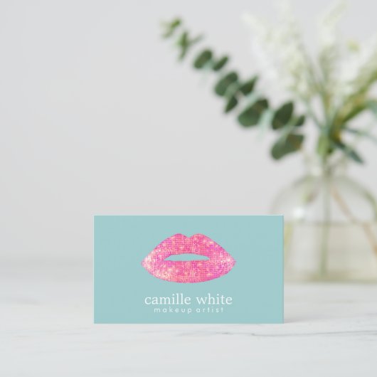 Heet Roze Sequin Lips Beauty Salon Schattig Blauwg Visitekaartje (Staand voorkant)