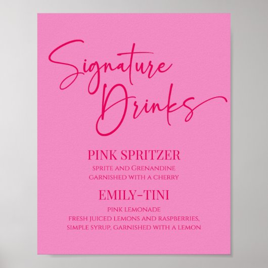 Heet Roze Signature Drinken Party Sign Poster (Voorkant)