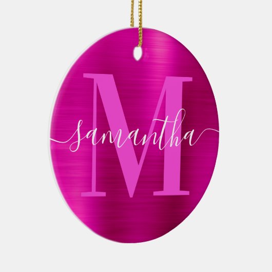 Heet Roze Signature Monogram Folie Foto Keramisch Ornament (Rechts)