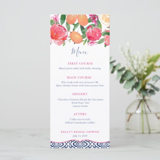 Heet Roze & Sinaasappel Bloemen Blauw Tegels Vrijg Menu (Staand voorkant)
