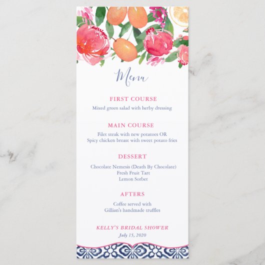 Heet Roze & Sinaasappel Bloemen Blauw Tegels Vrijg Menu (Voorkant)