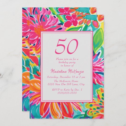 Heet Roze Sinaasappel Waterverf Bloemen 50ste Verj Kaart (Voorkant / Achterkant)