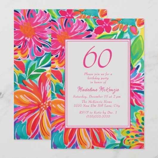 Heet Roze Sinaasappel Waterverf Bloemen 60ste Verj Kaart (Voorkant / Achterkant)