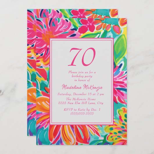 Heet Roze Sinaasappel Waterverf Bloemen 70ste Verj Kaart (Voorkant / Achterkant)