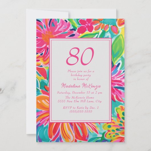 Heet Roze Sinaasappel Waterverf Bloemen 80ste Verj Kaart (Voorkant)