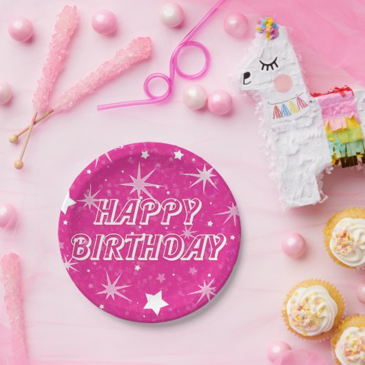Heet Roze Sparkle Stars Gelukkig Verjaardagsfeest Papieren Bordje (Feest)