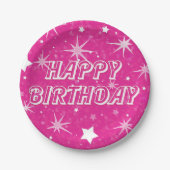 Heet Roze Sparkle Stars Gelukkig Verjaardagsfeest Papieren Bordje (Voorkant)