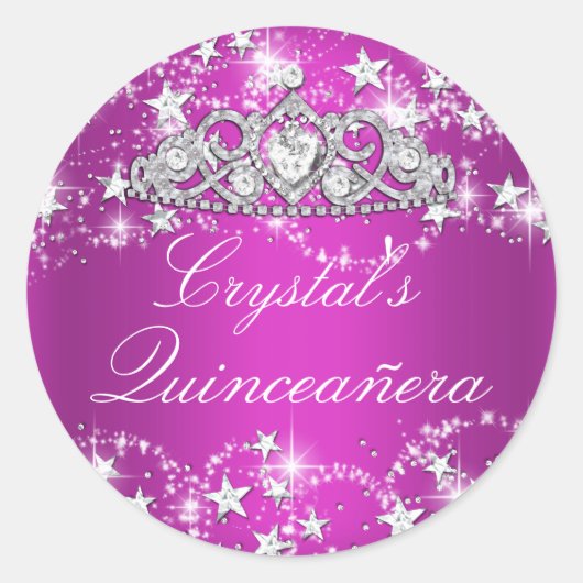 Heet Roze Sparkle Tiara & Stars Quinceanera Sticke Ronde Sticker (Voorkant)