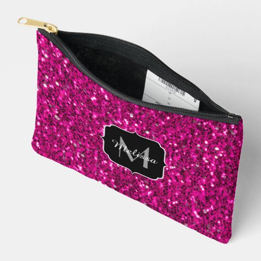 Heet roze sparkles faux glitter Custom Monogram Etui (Open)