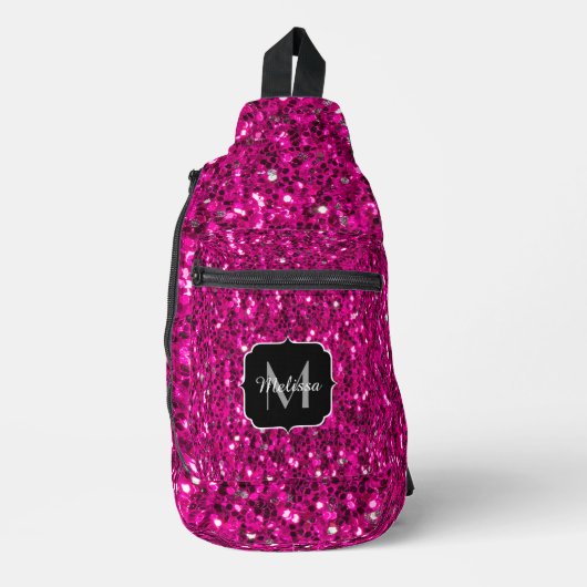 Heet roze sparkles faux glitter Custom Monogram Sling Bag (Voorkant)