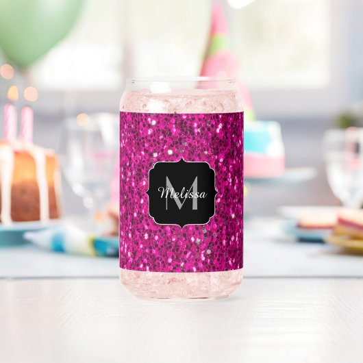 Heet roze sparkles girly bling Custom Monogram Blikvorm Glas (Insitu (Verjaardag))
